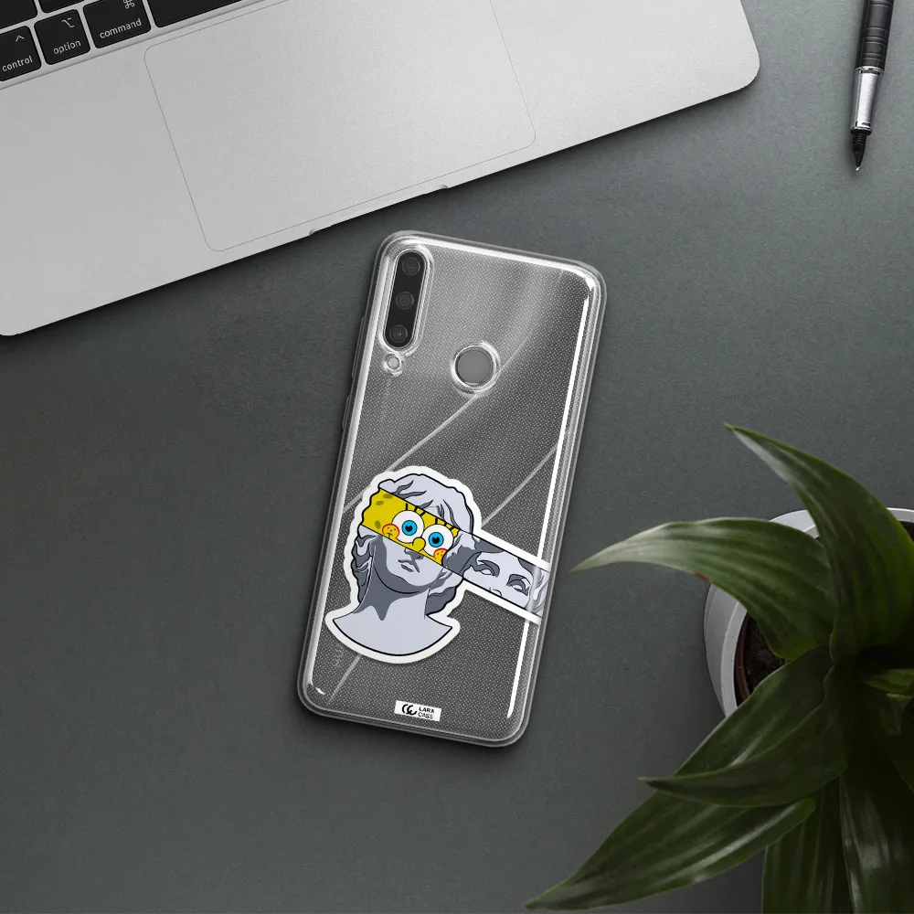 a cartoon of a statue with a yellow spongebob over its eyes Huawei Y6P Clear TPU Case