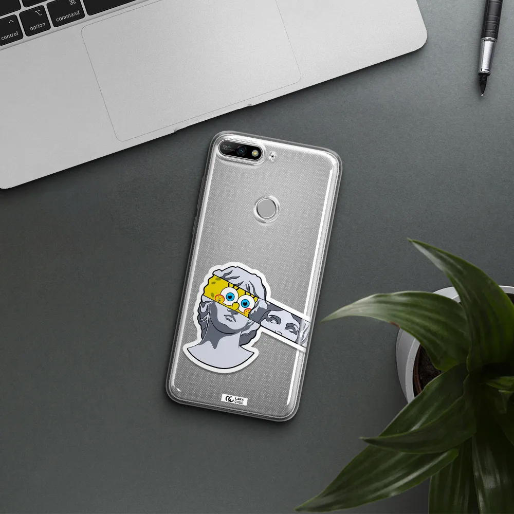 a cartoon of a statue with a yellow spongebob over its eyes Huawei Y7 2018 Clear TPU Case