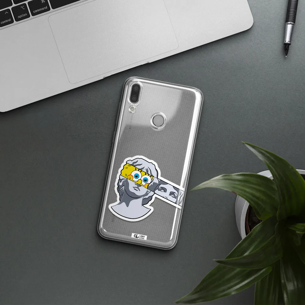 a cartoon of a statue with a yellow spongebob over its eyes Huawei Y7 2019 Clear TPU Case