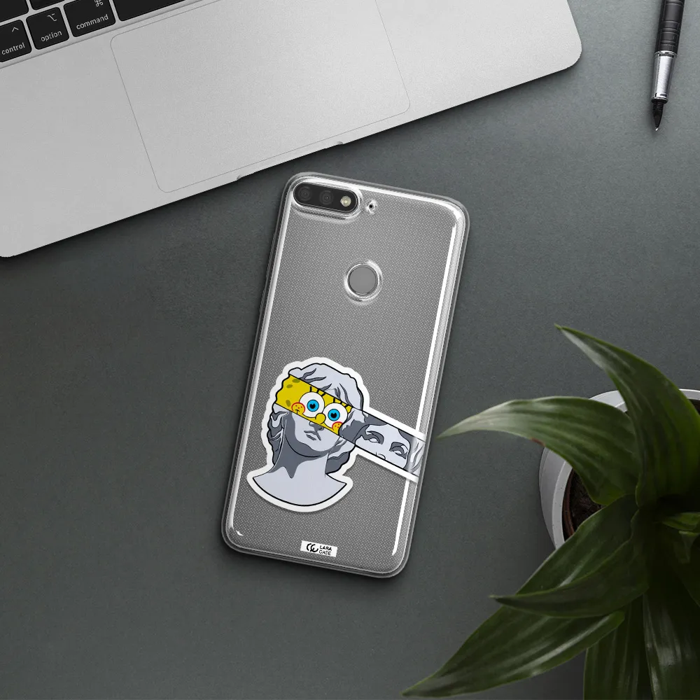 a cartoon of a statue with a yellow spongebob over its eyes Huawei Y7 Prime 2018 Clear TPU Case