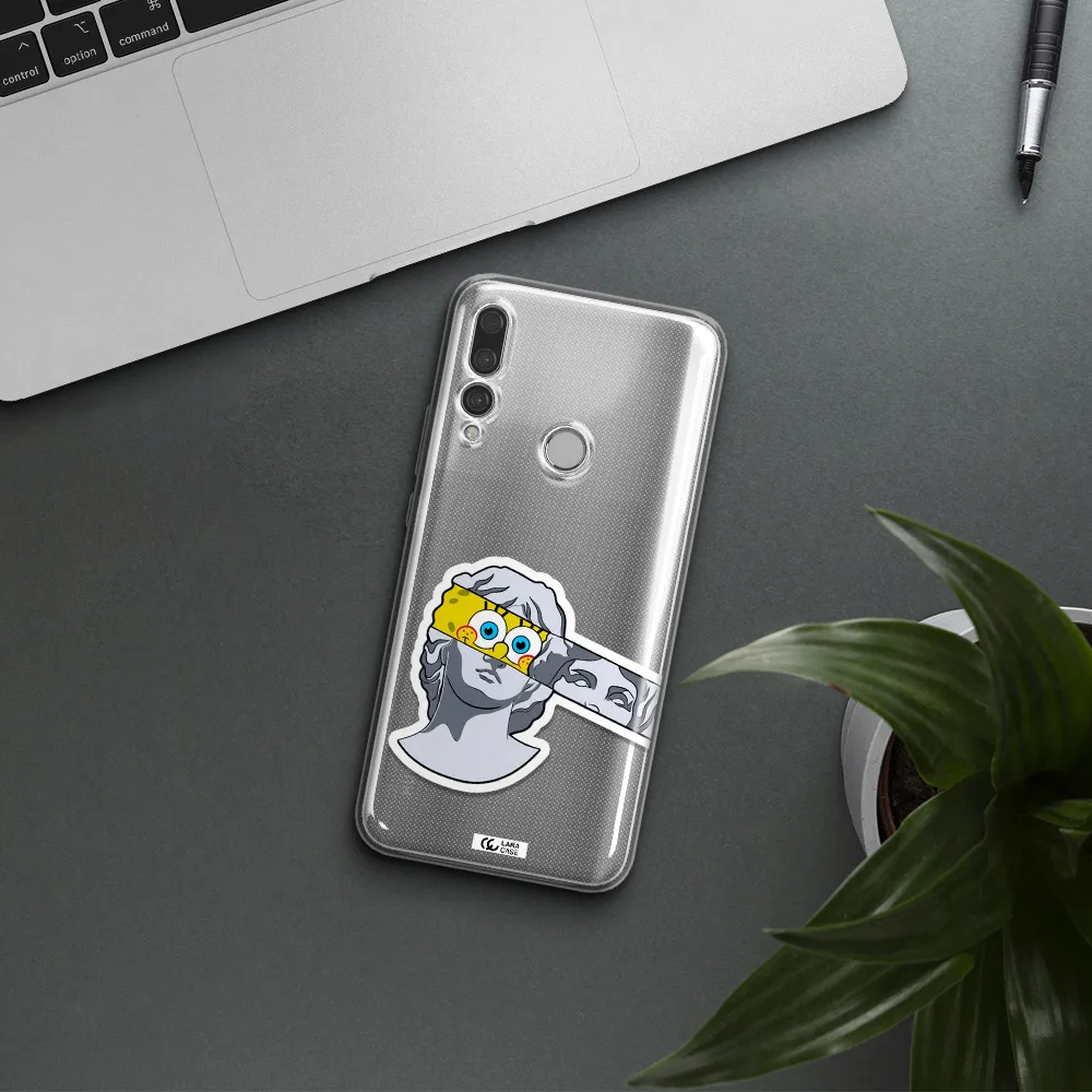 a cartoon of a statue with a yellow spongebob over its eyes Huawei Y9 Prime 2019 Clear TPU Case