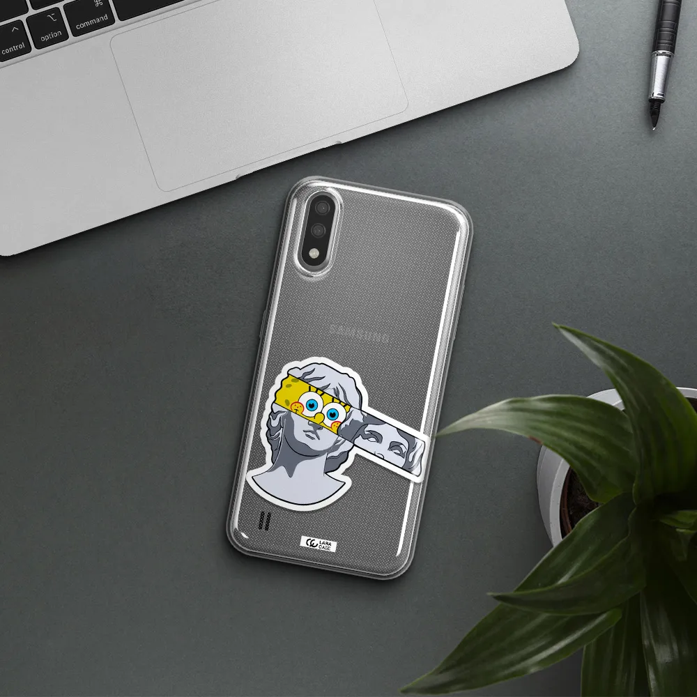 a cartoon of a statue with a yellow spongebob over its eyes Samsung A01 Clear TPU Case