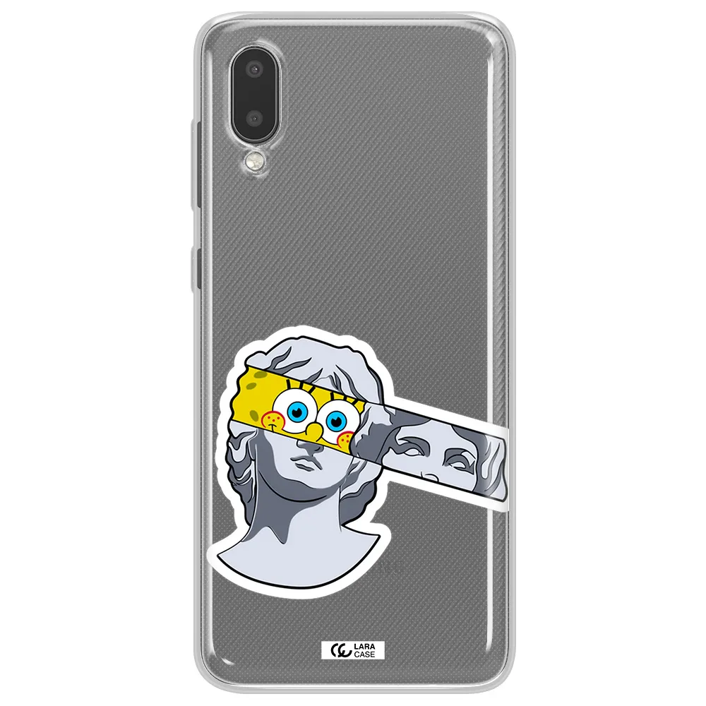 a cartoon of a statue with a yellow spongebob over its eyes Samsung A02 Clear TPU Case