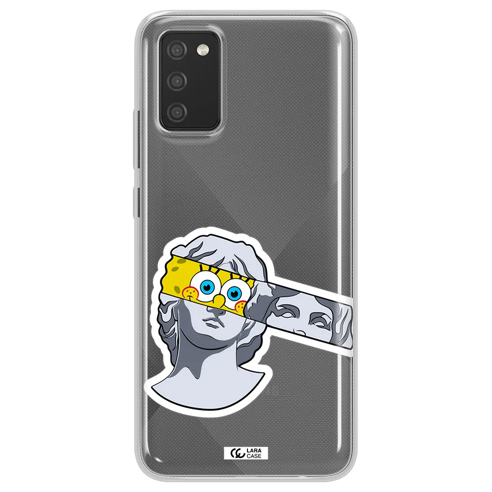 a cartoon of a statue with a yellow spongebob over its eyes Samsung A02S Clear TPU Case