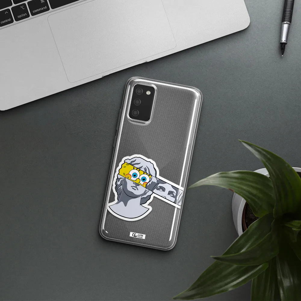 a cartoon of a statue with a yellow spongebob over its eyes Samsung A02S Clear TPU Case