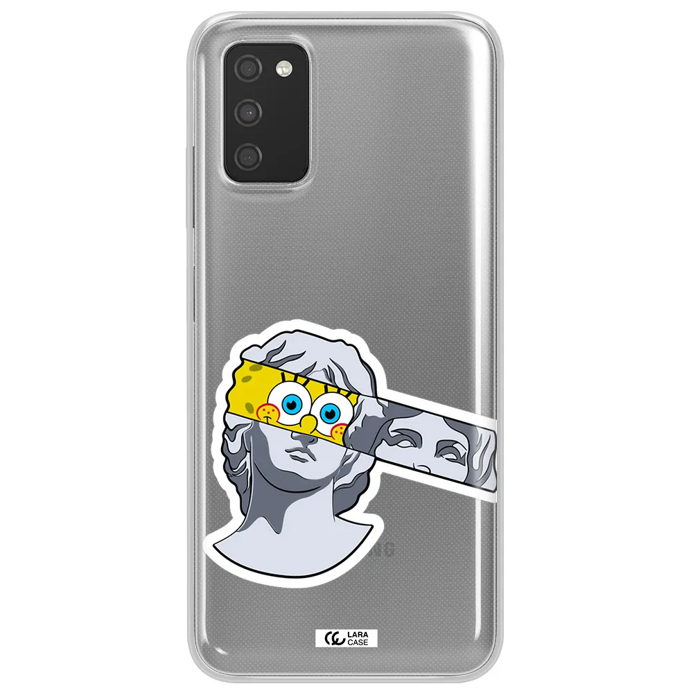 a cartoon of a statue with a yellow spongebob over its eyes Samsung A03S Clear TPU Case