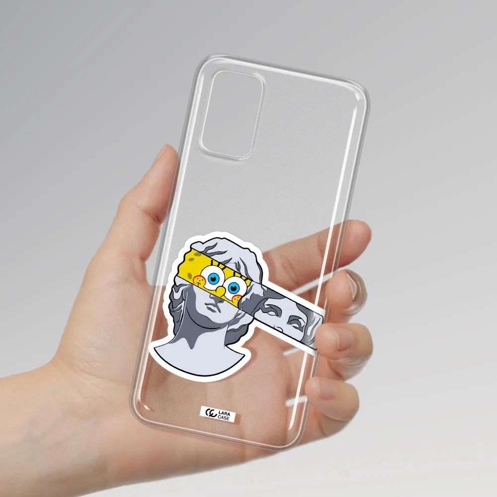 a cartoon of a statue with a yellow spongebob over its eyes Samsung A03S Clear TPU Case