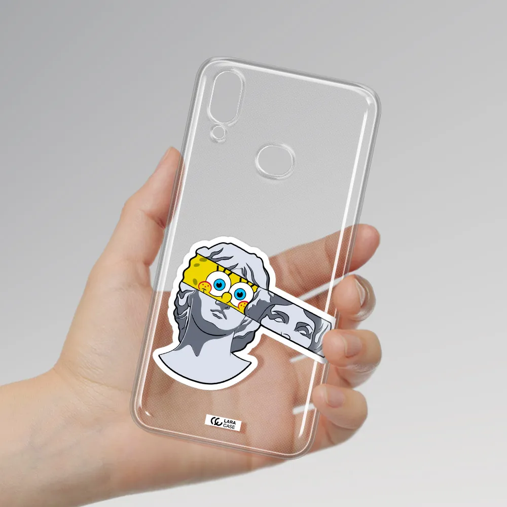 a cartoon of a statue with a yellow spongebob over its eyes Samsung A10S Clear TPU Case