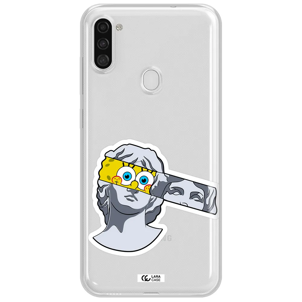 a cartoon of a statue with a yellow spongebob over its eyes Samsung A11 Clear TPU Case