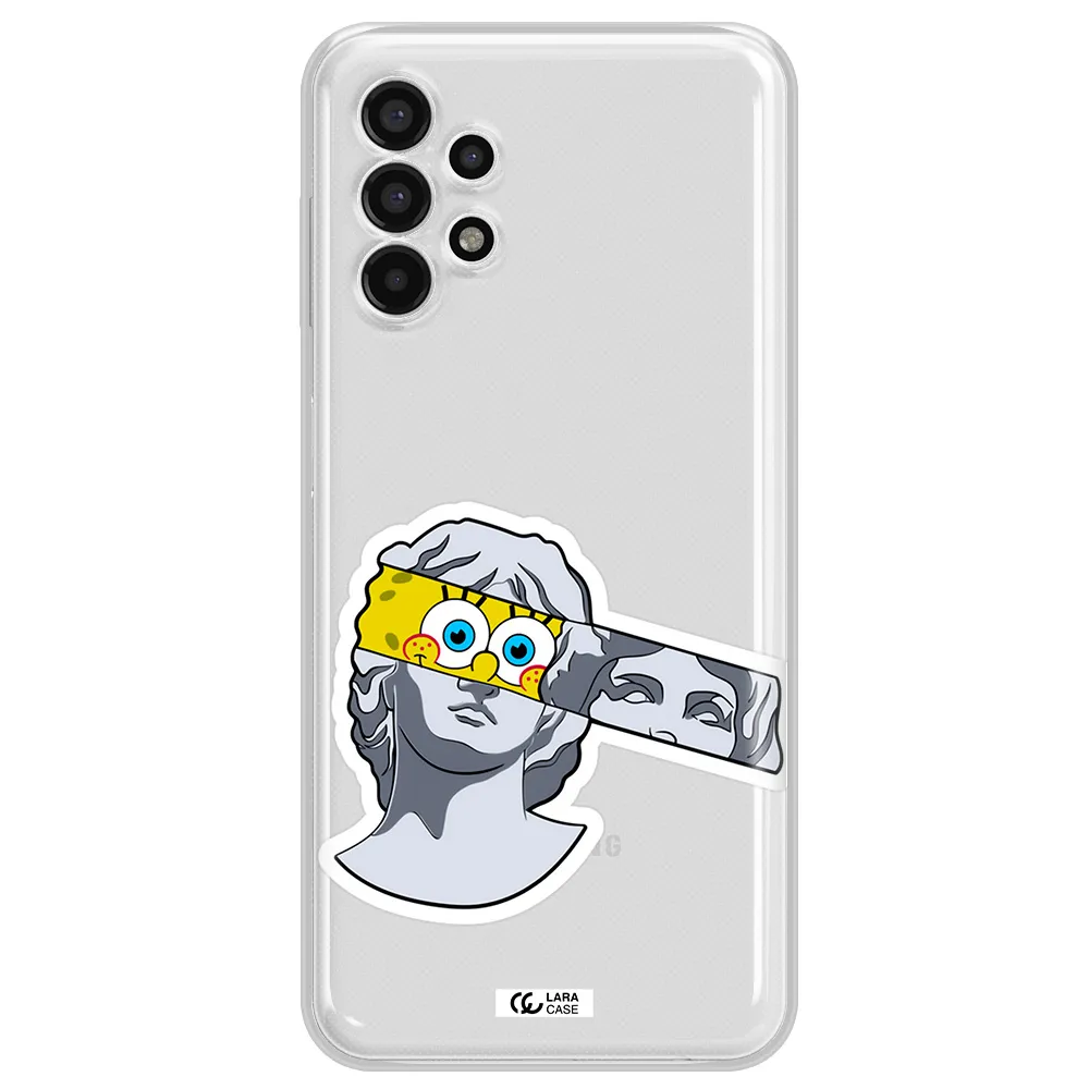 a cartoon of a statue with a yellow spongebob over its eyes Samsung A13 4g Clear TPU Case