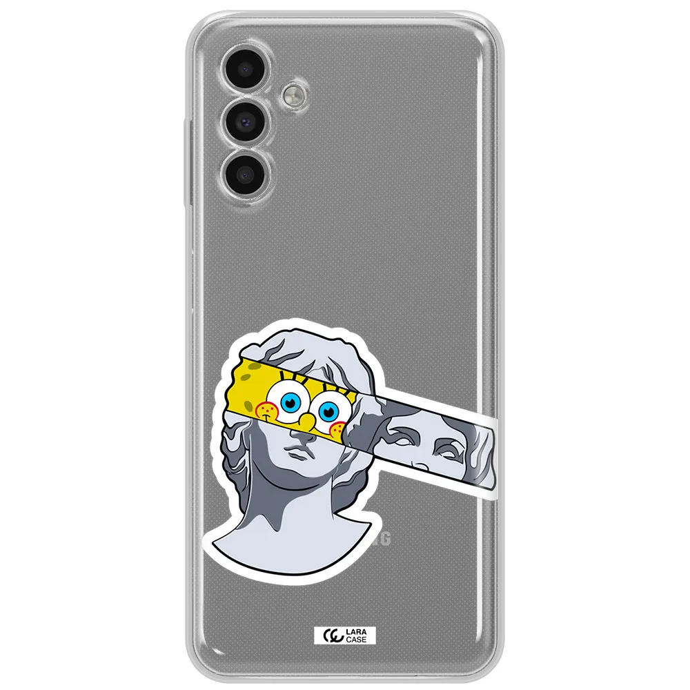 A Cartoon Of A Statue With A Yellow Spongebob Over Its Eyes Samsung A13 5G Clear Tpu Case