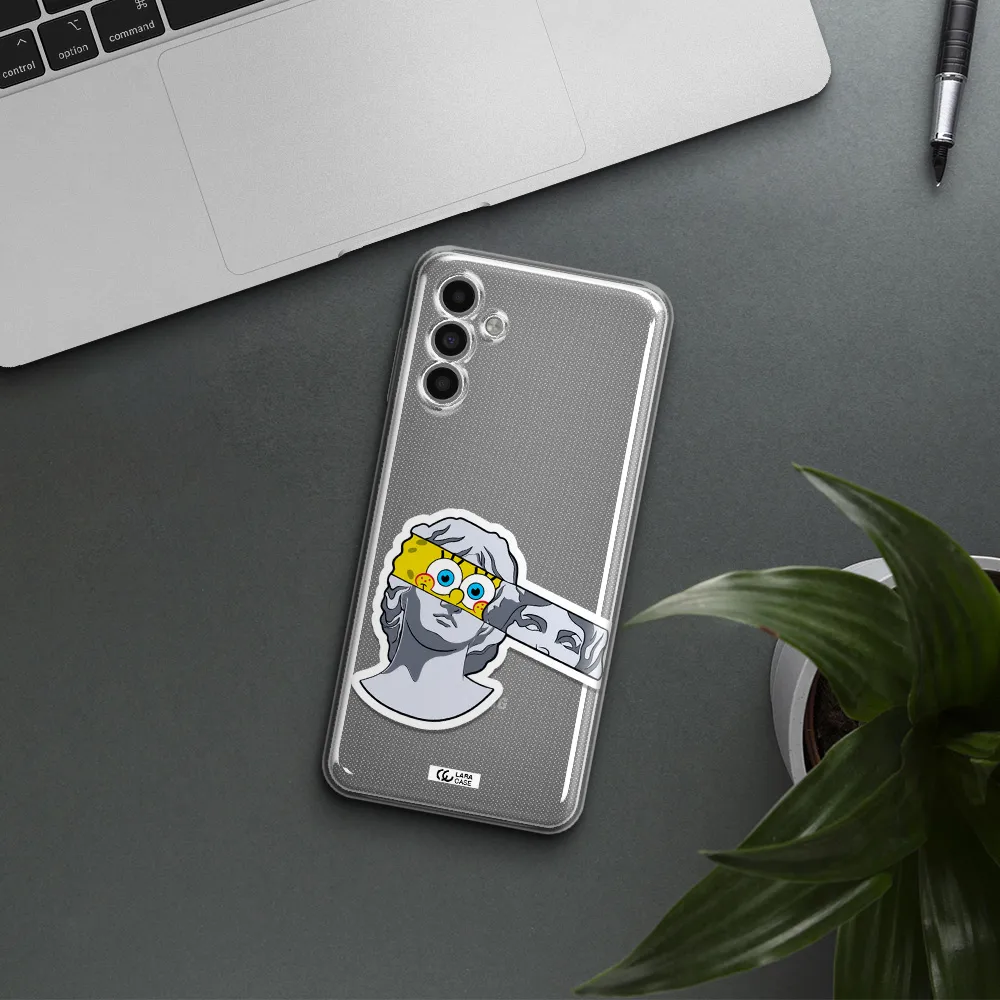 A Cartoon Of A Statue With A Yellow Spongebob Over Its Eyes Samsung A13 5G Clear Tpu Case