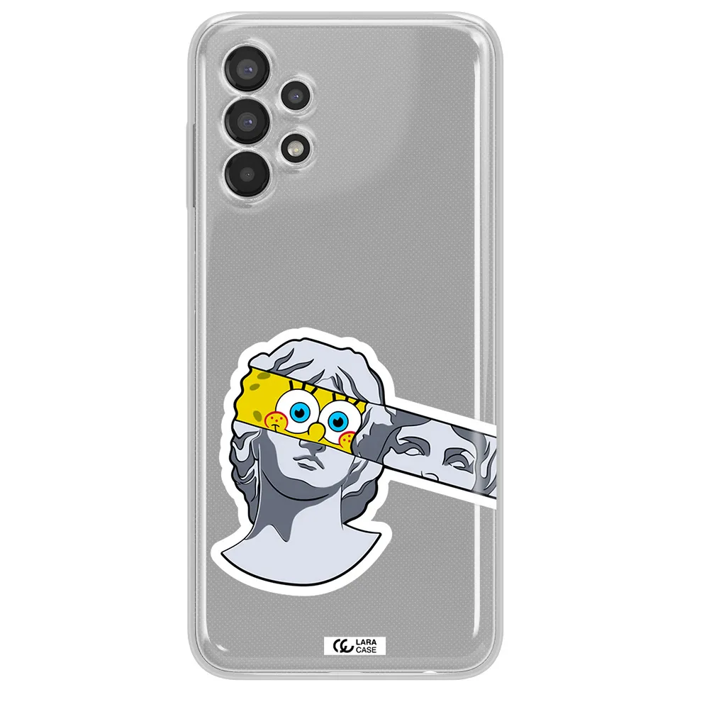 a cartoon of a statue with a yellow spongebob over its eyes Samsung A13 Clear TPU Case