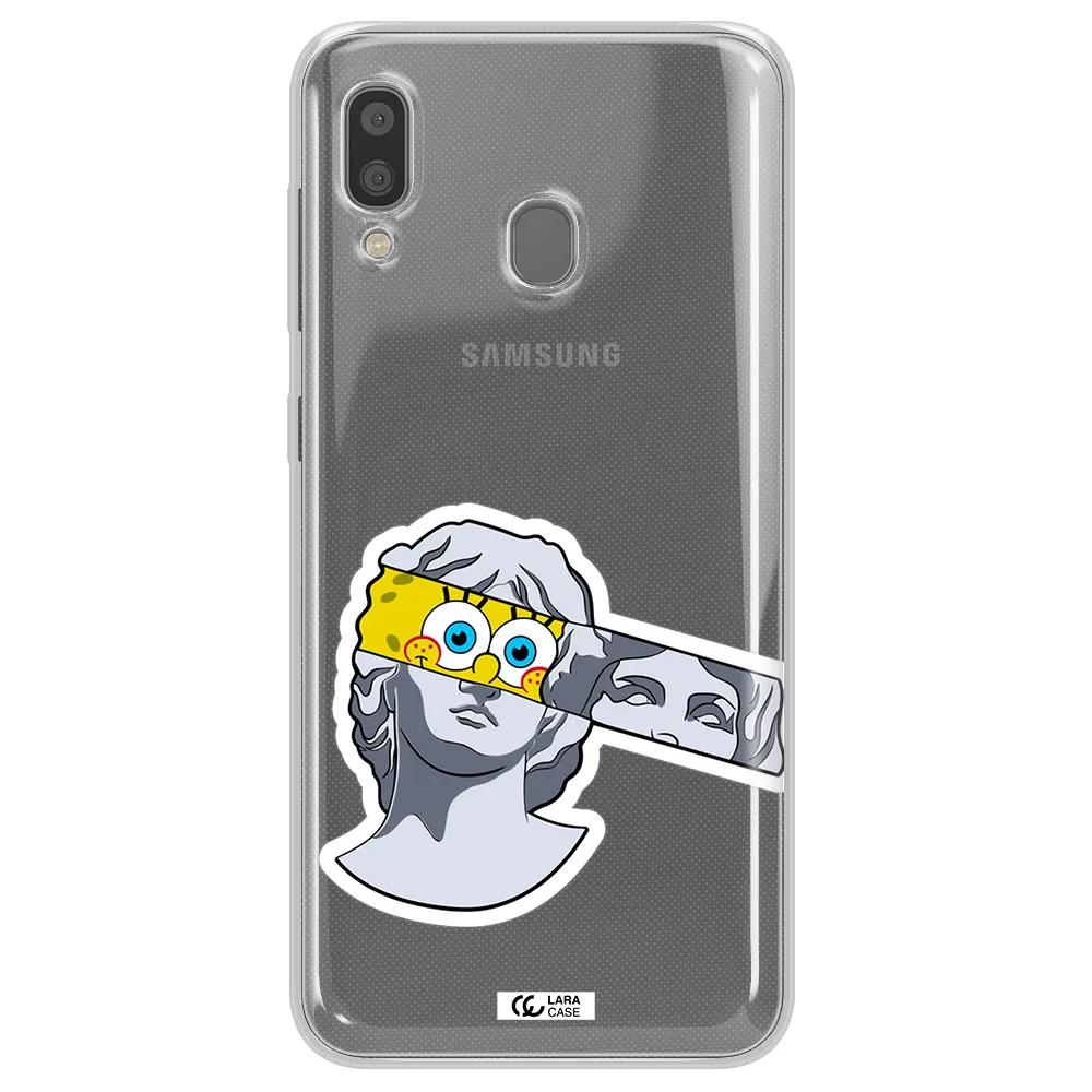 a cartoon of a statue with a yellow spongebob over its eyes Samsung A20 Clear TPU Case