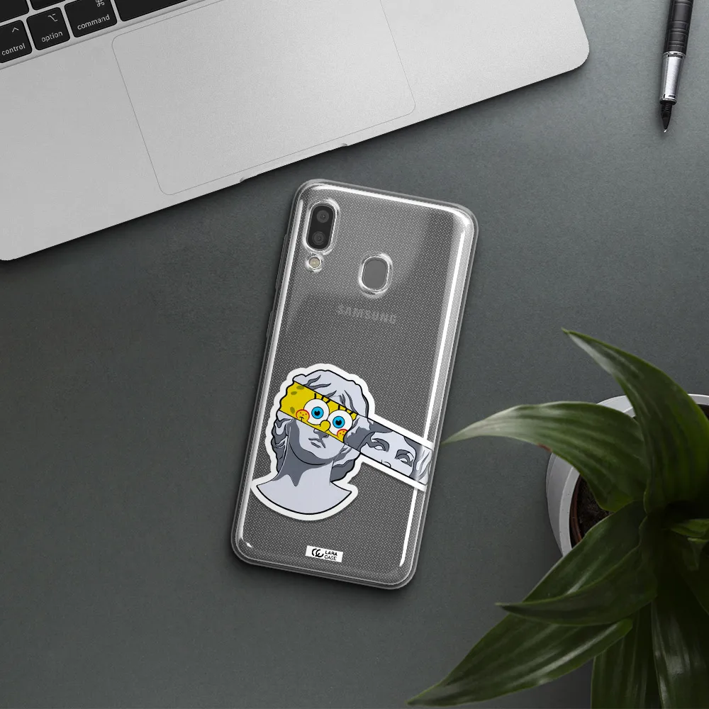 a cartoon of a statue with a yellow spongebob over its eyes Samsung A20 Clear TPU Case