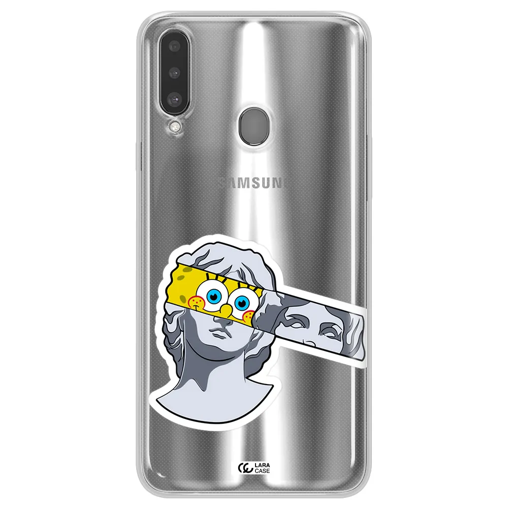 a cartoon of a statue with a yellow spongebob over its eyes Samsung A20S Clear TPU Case