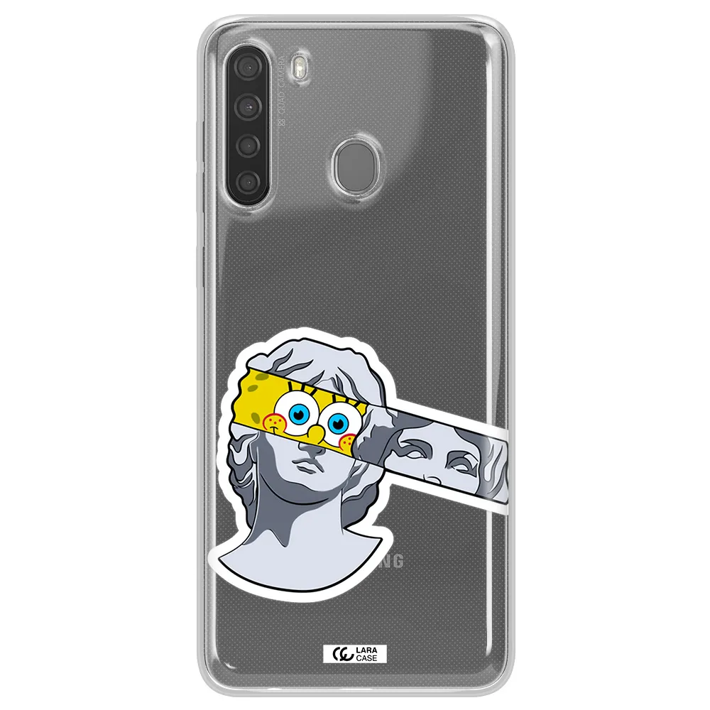 a cartoon of a statue with a yellow spongebob over its eyes Samsung A21 Clear TPU Case