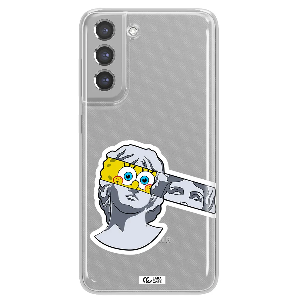 a cartoon of a statue with a yellow spongebob over its eyes Samsung A21 Fe Clear TPU Case