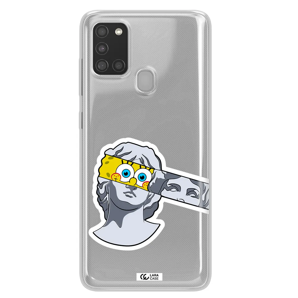 a cartoon of a statue with a yellow spongebob over its eyes Samsung A21S Clear TPU Case