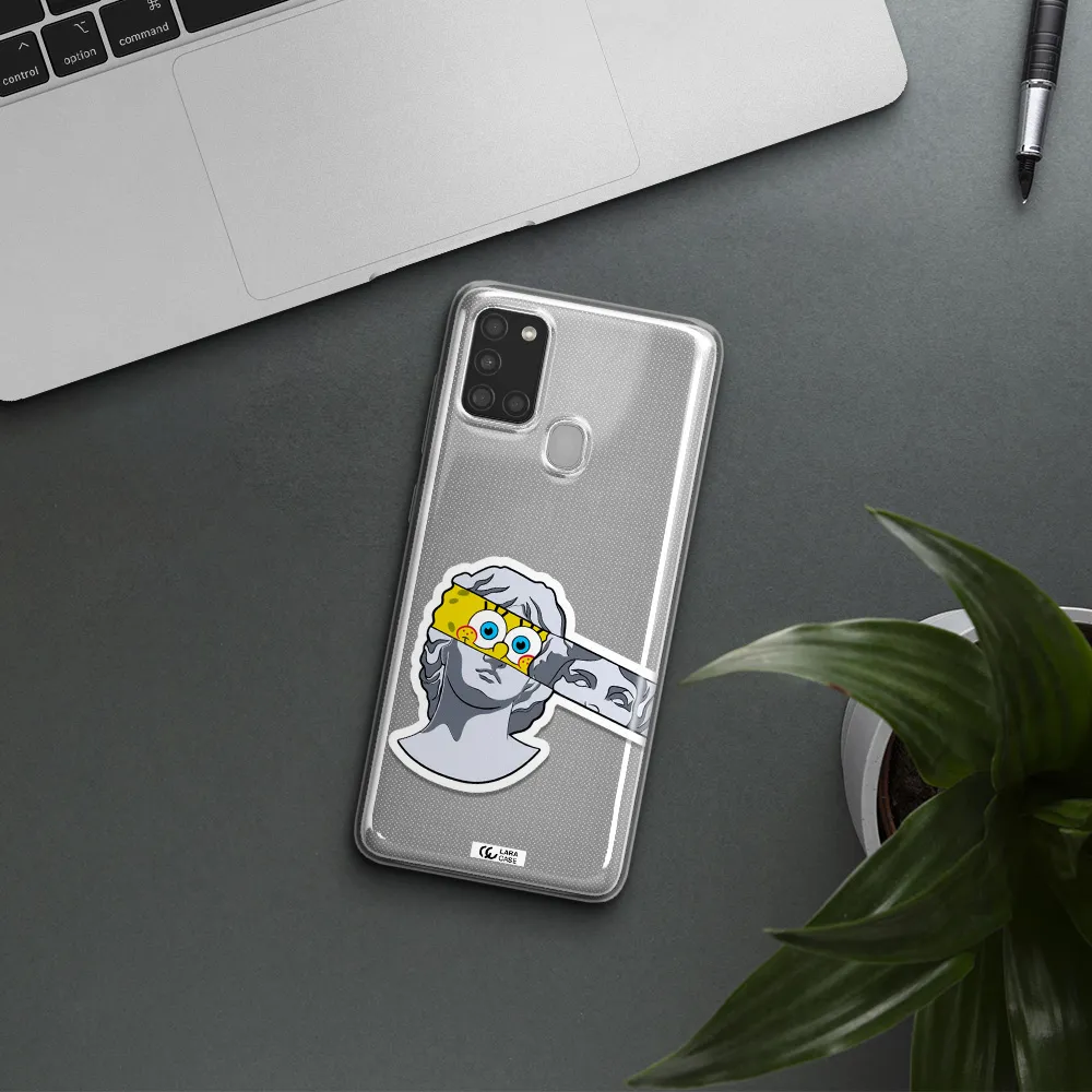 a cartoon of a statue with a yellow spongebob over its eyes Samsung A21S Clear TPU Case