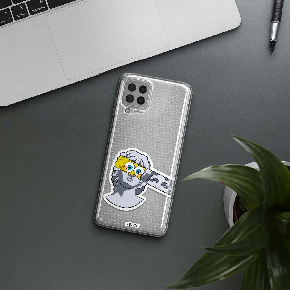 a cartoon of a statue with a yellow spongebob over its eyes Samsung A22 4g Clear TPU Case