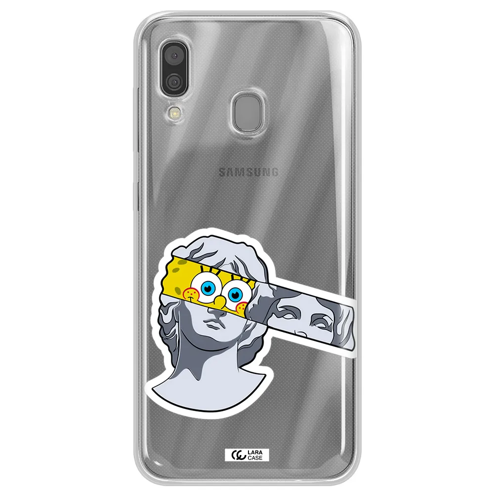 a cartoon of a statue with a yellow spongebob over its eyes Samsung A30 Clear TPU Case