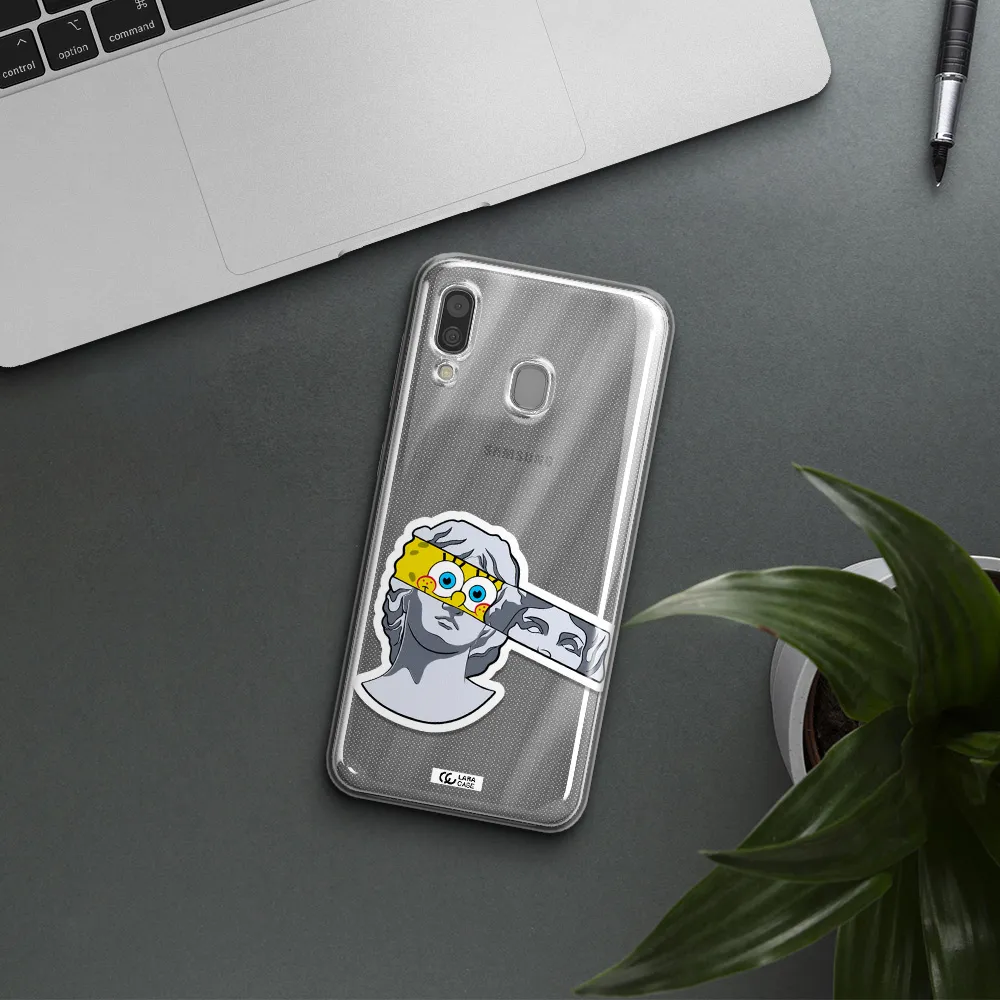 a cartoon of a statue with a yellow spongebob over its eyes Samsung A30 Clear TPU Case