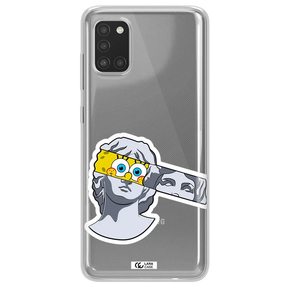 a cartoon of a statue with a yellow spongebob over its eyes Samsung A31 Clear TPU Case