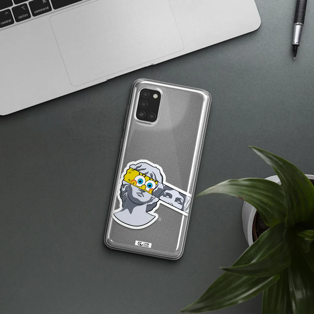 a cartoon of a statue with a yellow spongebob over its eyes Samsung A31 Clear TPU Case