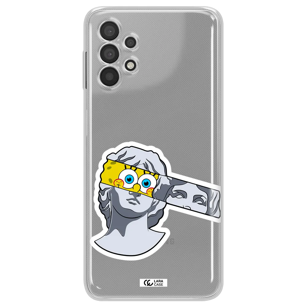 a cartoon of a statue with a yellow spongebob over its eyes Samsung A32 Clear TPU Case