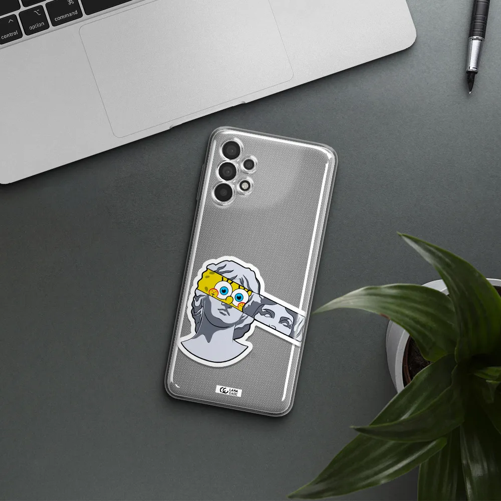 a cartoon of a statue with a yellow spongebob over its eyes Samsung A32 Clear TPU Case