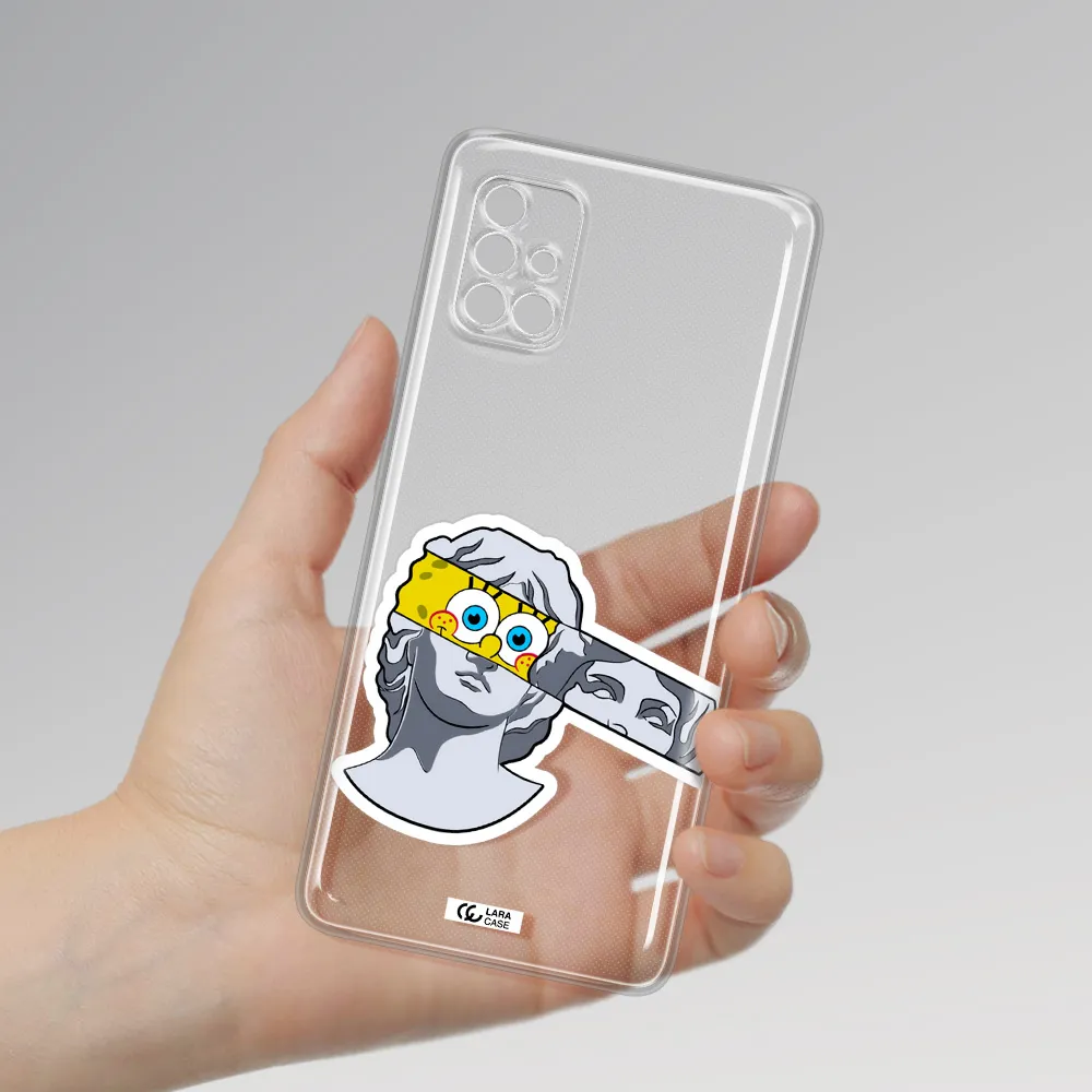 A Cartoon Of A Statue With A Yellow Spongebob Over Its Eyes Samsung A40S Clear Tpu Case