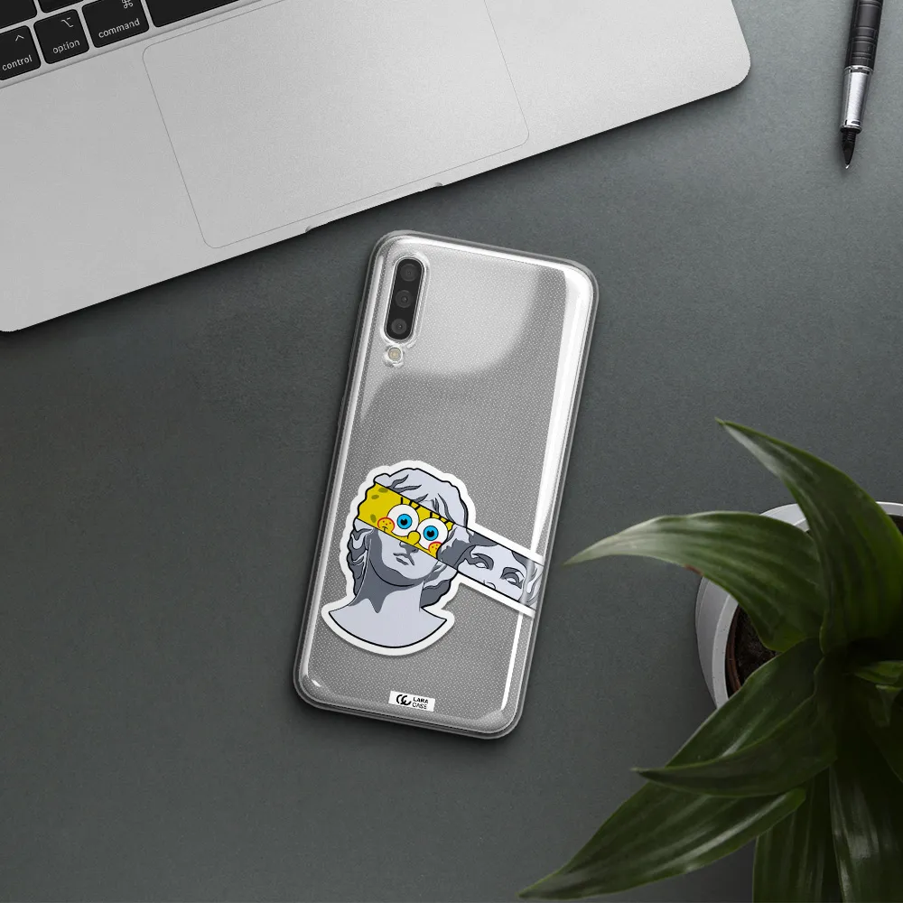 a cartoon of a statue with a yellow spongebob over its eyes Samsung A50 Clear TPU Case