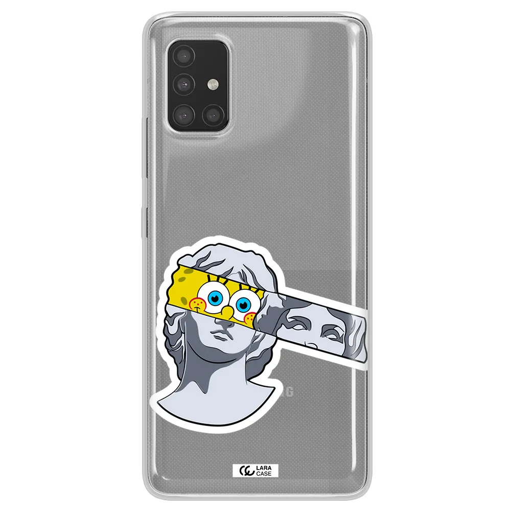 a cartoon of a statue with a yellow spongebob over its eyes Samsung A51 Clear TPU Case