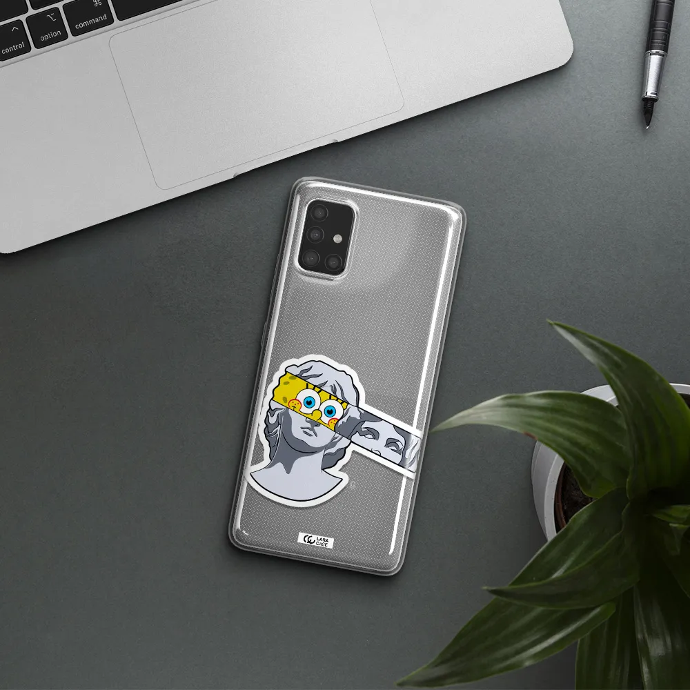 a cartoon of a statue with a yellow spongebob over its eyes Samsung A51 Clear TPU Case