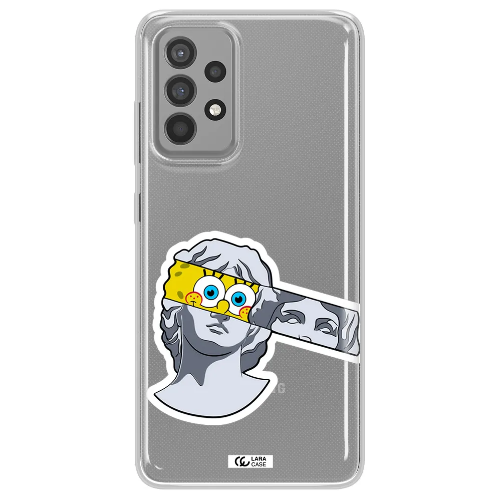 a cartoon of a statue with a yellow spongebob over its eyes Samsung A52 Clear TPU Case