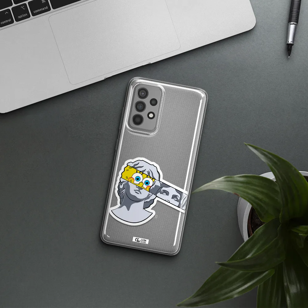 a cartoon of a statue with a yellow spongebob over its eyes Samsung A52 Clear TPU Case