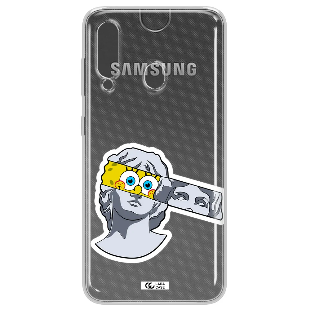 a cartoon of a statue with a yellow spongebob over its eyes Samsung A60 Clear TPU Case