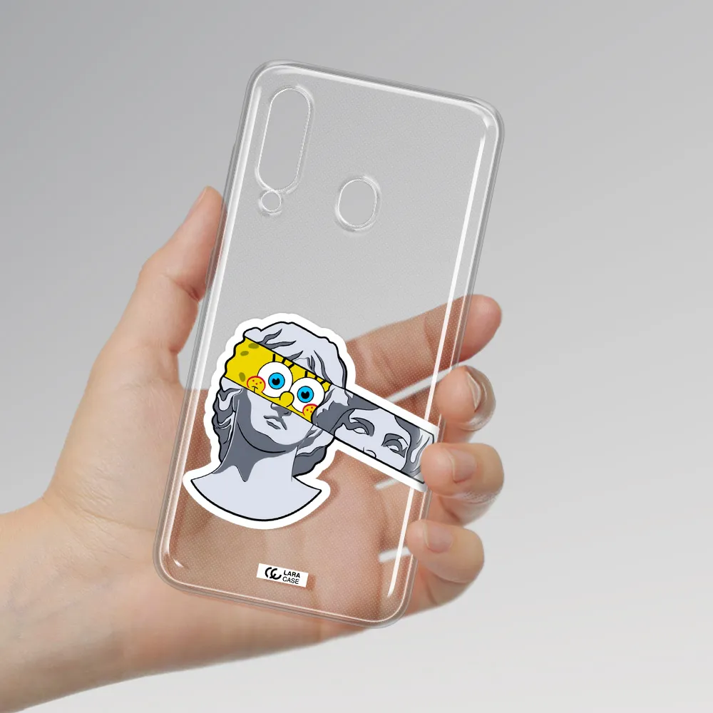 a cartoon of a statue with a yellow spongebob over its eyes Samsung A60 Clear TPU Case