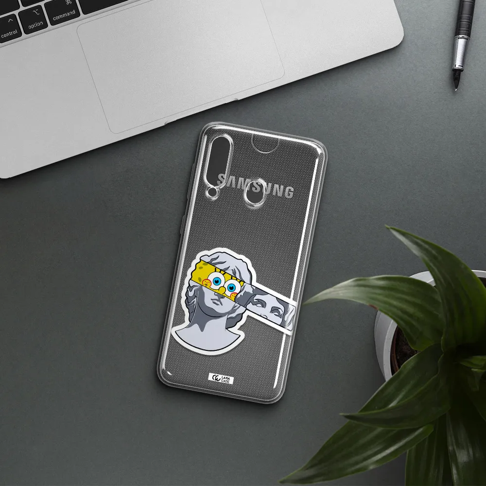 a cartoon of a statue with a yellow spongebob over its eyes Samsung A60 Clear TPU Case