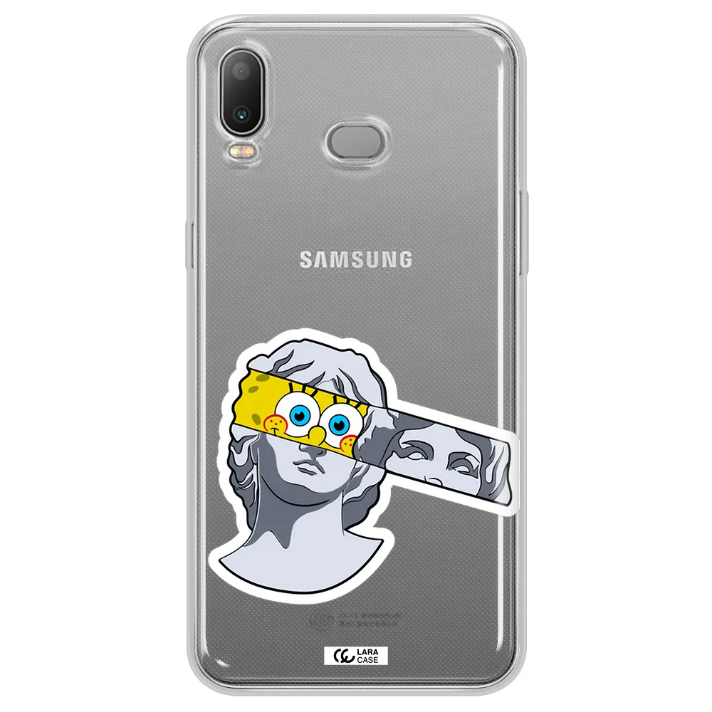 a cartoon of a statue with a yellow spongebob over its eyes Samsung A6S Clear TPU Case