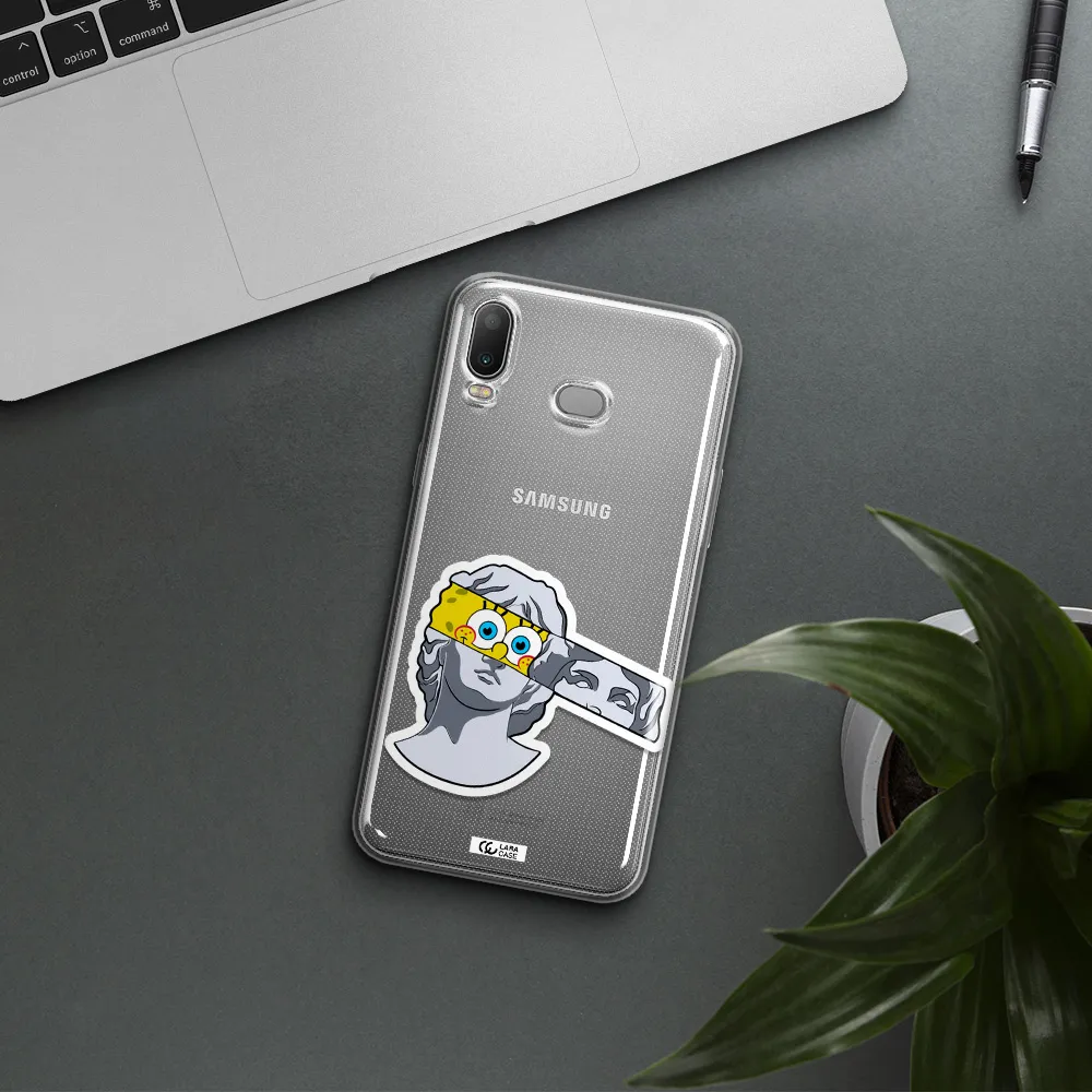 a cartoon of a statue with a yellow spongebob over its eyes Samsung A6S Clear TPU Case
