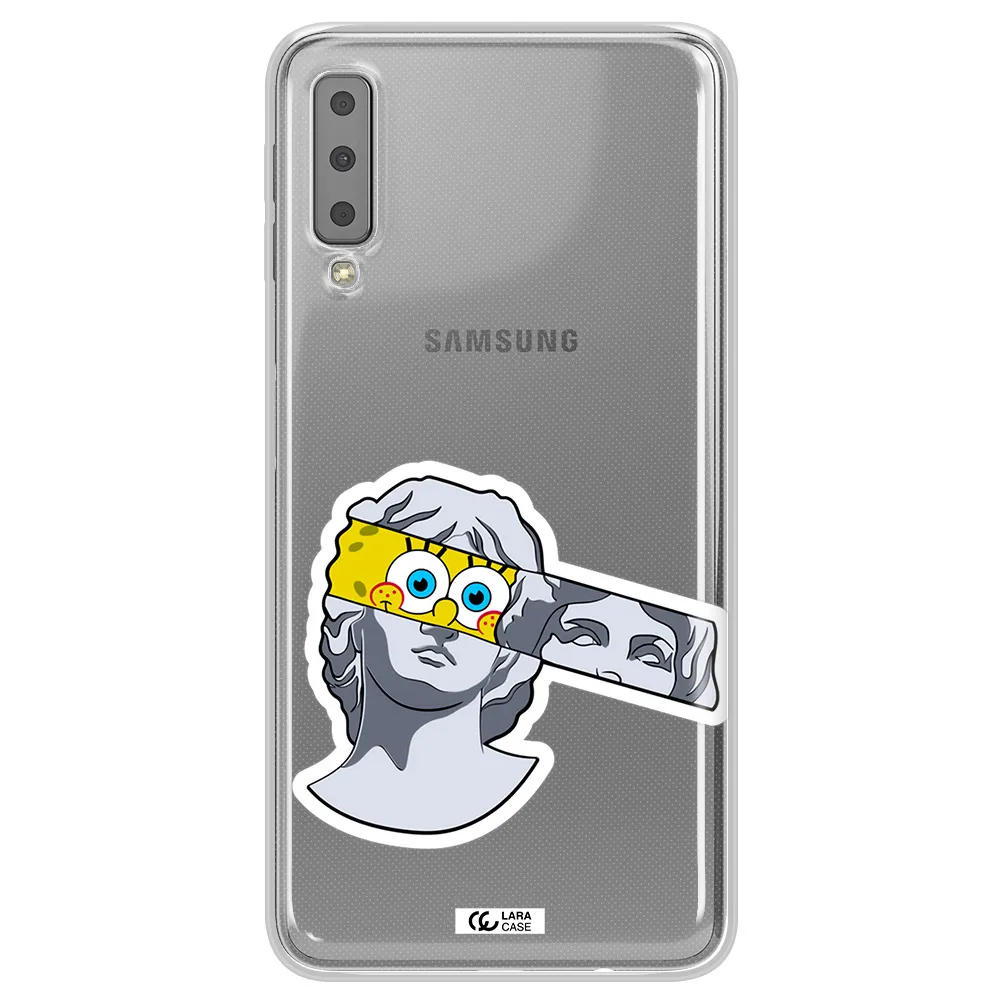 a cartoon of a statue with a yellow spongebob over its eyes Samsung A7 2018 Clear TPU Case