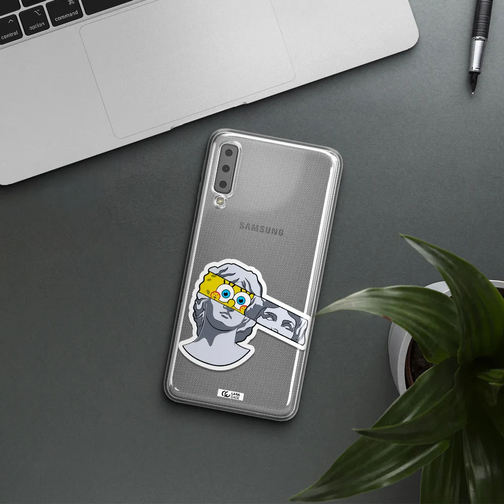 a cartoon of a statue with a yellow spongebob over its eyes Samsung A7 2018 Clear TPU Case