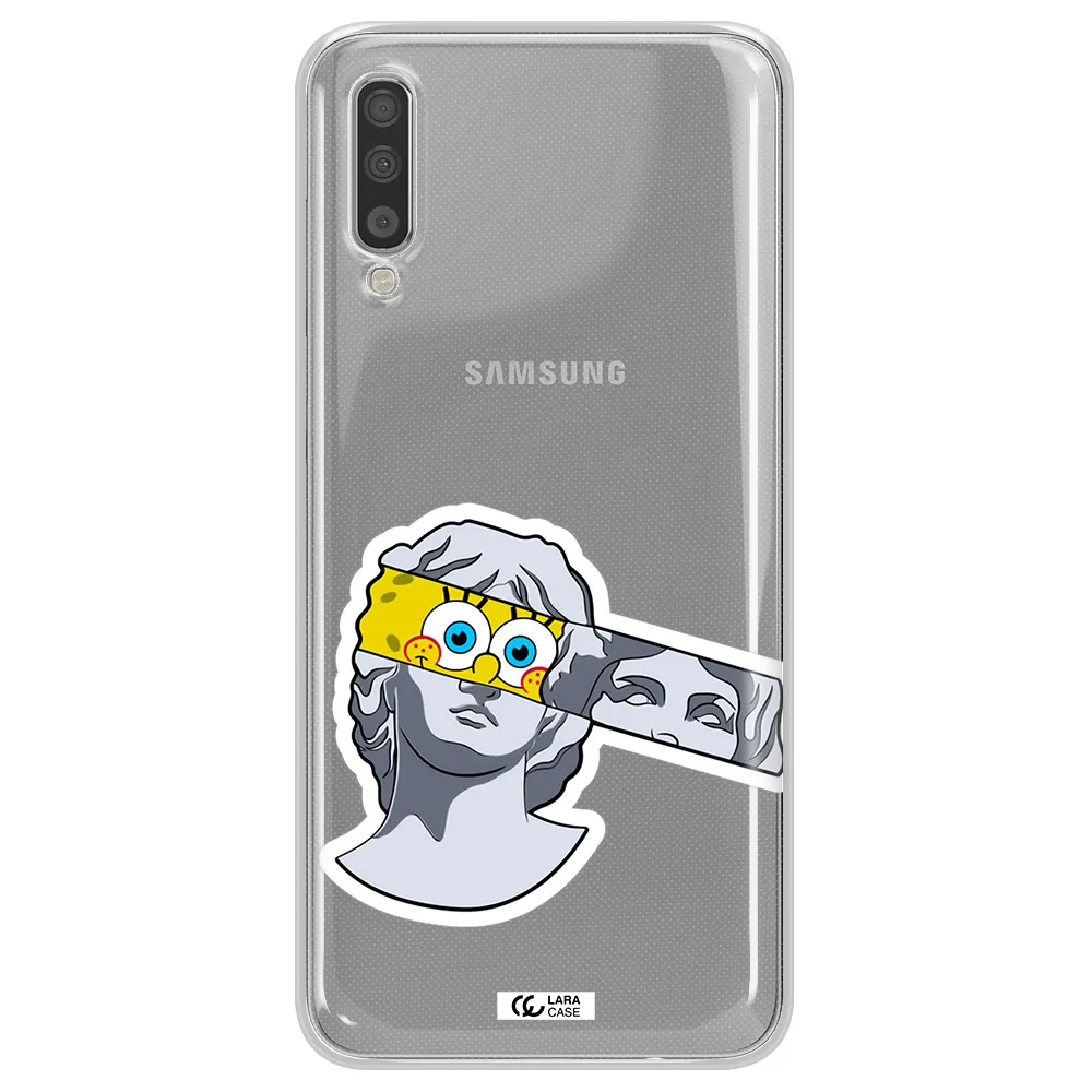 a cartoon of a statue with a yellow spongebob over its eyes Samsung A70 Clear TPU Case