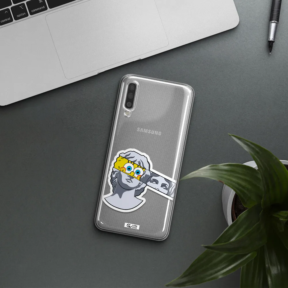 A Cartoon Of A Statue With A Yellow Spongebob Over Its Eyes Samsung A70S Clear Tpu Case