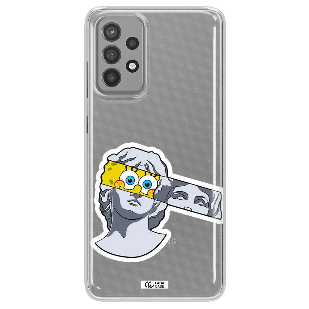 a cartoon of a statue with a yellow spongebob over its eyes Samsung A72 Clear TPU Case