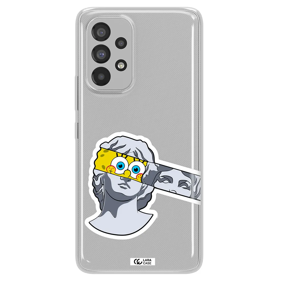 a cartoon of a statue with a yellow spongebob over its eyes Samsung A73 Clear TPU Case