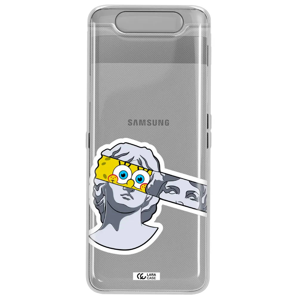 a cartoon of a statue with a yellow spongebob over its eyes Samsung A80 Clear TPU Case