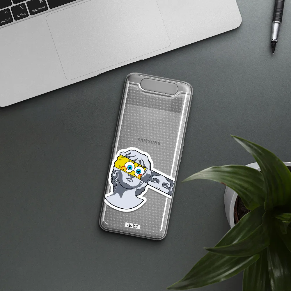 a cartoon of a statue with a yellow spongebob over its eyes Samsung A80 Clear TPU Case